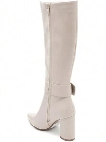 Camel High Block Heel Mid-Calf Boots – Chic Decorative Buckle - Beige - View 5