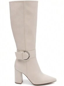 Camel High Block Heel Mid-Calf Boots – Chic Decorative Buckle - Beige - View 4