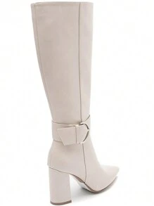 Camel High Block Heel Mid-Calf Boots – Chic Decorative Buckle - Beige - View 6