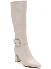 Camel High Block Heel Mid-Calf Boots – Chic Decorative Buckle - Beige - View 3