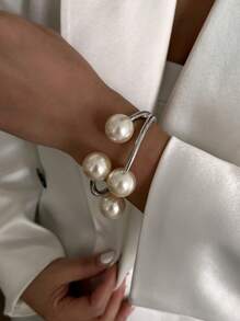 1 chiếc vòng tay kim loại sóng thời trang phóng đại, vòng tay ngọc trai bất đối xứng cổ điển sang trọng có thể điều chỉnh cho phụ nữ, vòng tay quá khổ tông vàng, thích hợp để trang trí hàng ngày và làm đồ trang sức dự tiệc - Bạc - Xem 14