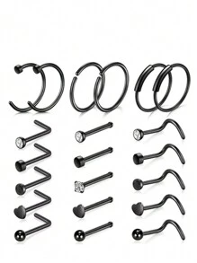 21pcs Stainless Steel Plated C-Shape Nose Rings, Fashionable Body Piercing Jewelry Set - Multicolor - View 2