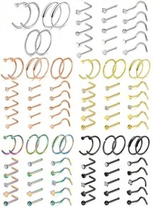 21pcs Stainless Steel Plated C-Shape Nose Rings, Fashionable Body Piercing Jewelry Set - Multicolor - View 1