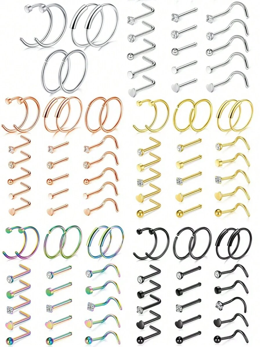 21pcs Stainless Steel Plated C-Shape Nose Rings, Fashionable Body Piercing Jewelry Set - Multicolor - View 1