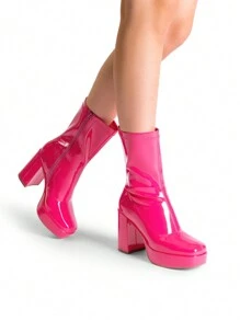 Women's Chunky Platform Mid-Calf Boots Waterproof Square Toe Fashionable Lightweight Comfort Elegant Bright Solid Color Side Zipper Classic For Parties Dress Festival Ankle Go Go Hot Pink Boots - Màu Hồng Tươi - Xem 8