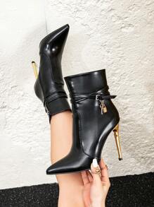 Women's Fashion Party Pointed Toe Black PU Side Zipper Slip-On Black Metallic Heel Ankle Boots