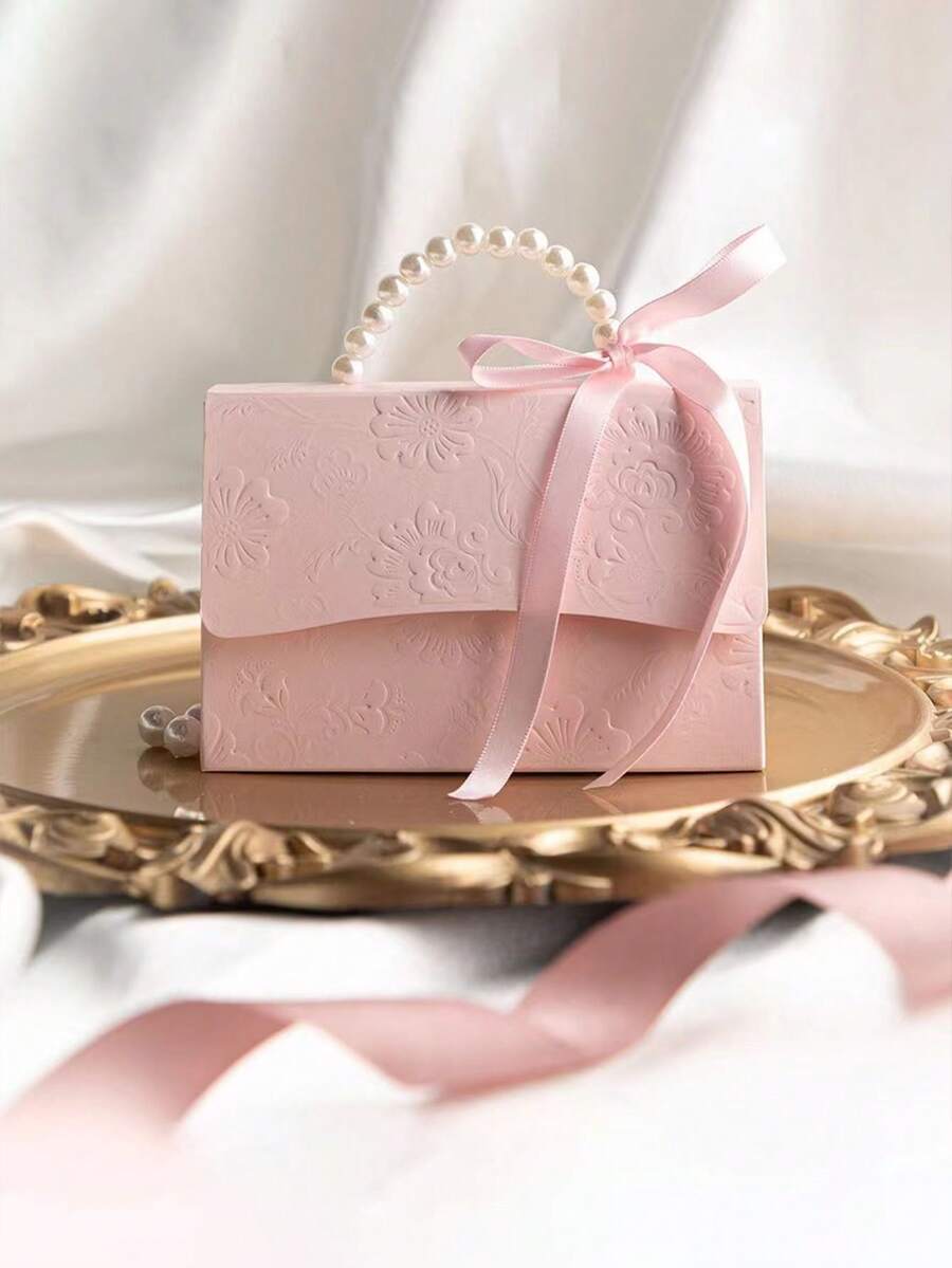 2pcs Faux Pearl Handle Decor Paper Gift Box,Exquisite Pink Gift Packaging Box For Valentine's Day Wedding Gift - Multicolor - View 1