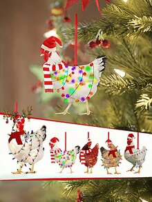 Chicken Christmas Ornaments, 2D Rooster Christmas Tree Ornaments, Chicken Ornaments, Chicken Hanging Ornaments, Suitable For Christmas, Home, Office, Garden, Terrace, Window, Car, Party, Birthday, Christmas Gifts - Multicolor - View 3