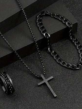 3pcs Black Cross Pendant Necklace For Men Minimalist Box Chain Necklace Party Jewelry Set