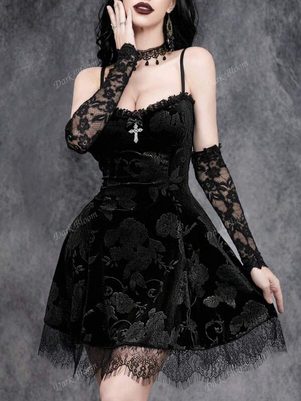 Femei Gotic Ssexy Mini Halloween Dantela Patchwork Cross Catifea Rochie