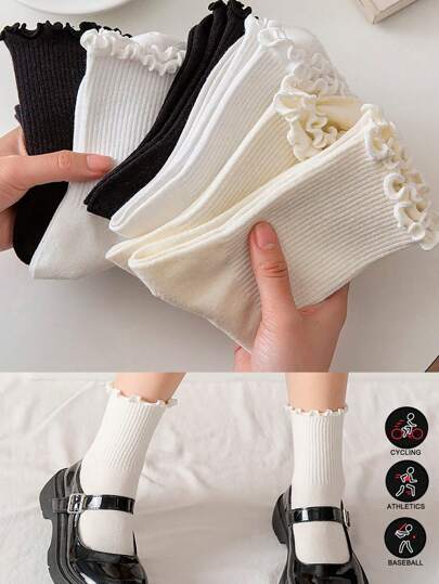 1pc Ruffle Edge Socks, JK Style 3-Color Lolita Ruffle Socks, JK Socks, Versatile Midcalf Socks, Solid Color Socks For Autumn/Winter, Japan-Style Lace Mid-Calf Socks