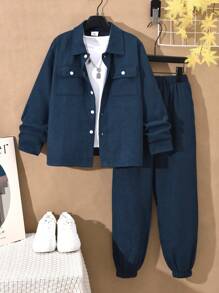 Vihyde 2pcs/Set Tween Boy Casual Long Sleeve Shirt & Elastic-Waist Pants Set, Autumn/Winter - Navy Blue - View 1
