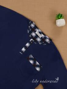 MEN'S SHORT SLEEVE CHECK PRINT PAJAMAS 100% COTTON - 藏蓝色 - 查看 3