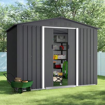 8X6 Ft Outdoor Storage Shed Garden Metal Vented Tool House With Sliding Doors, Gray