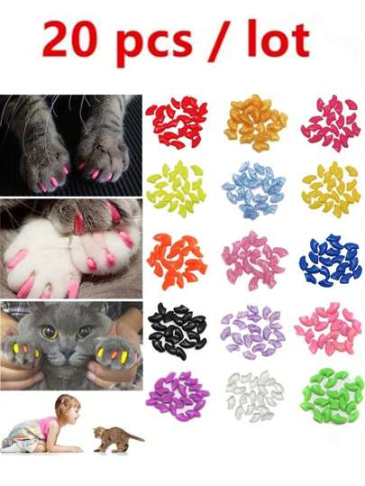 20 قطعة أغطية ناعمة ملونة للأظافر القطط، أغطية أظافر القطط الأنيقة، واقي أظافر السيليكون للحيوانات الأليفة، أداة تجميل للحيوانات الأليفة