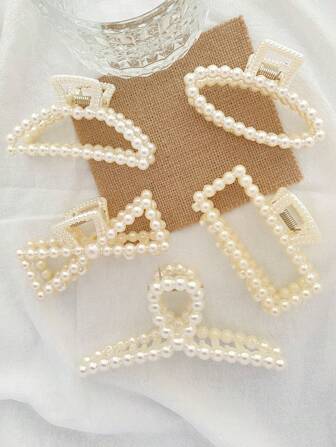 5-Piece Women's Pearl Hair Claw Set, Faux Pearl Hair Claw Set, Simple And Casual Pearl Element Hair Accessory, Hair Grabbing Without Damaging The Hair Clip, Simple Style Accessory, Home Hair Grabbing, New Year's And Travel Clothing Hair Accessory, As A Gift Multi Piece Pearl Hair Claw Set, Suitable For Various Hair Sizes Of Thick And Thin, Valentine's Day