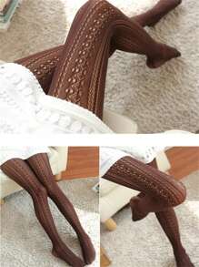 时尚春夏洛丽塔蕾丝镂空网眼连裤袜女式刺绣网眼透明紧身裤 - 咖啡棕 - 查看 4