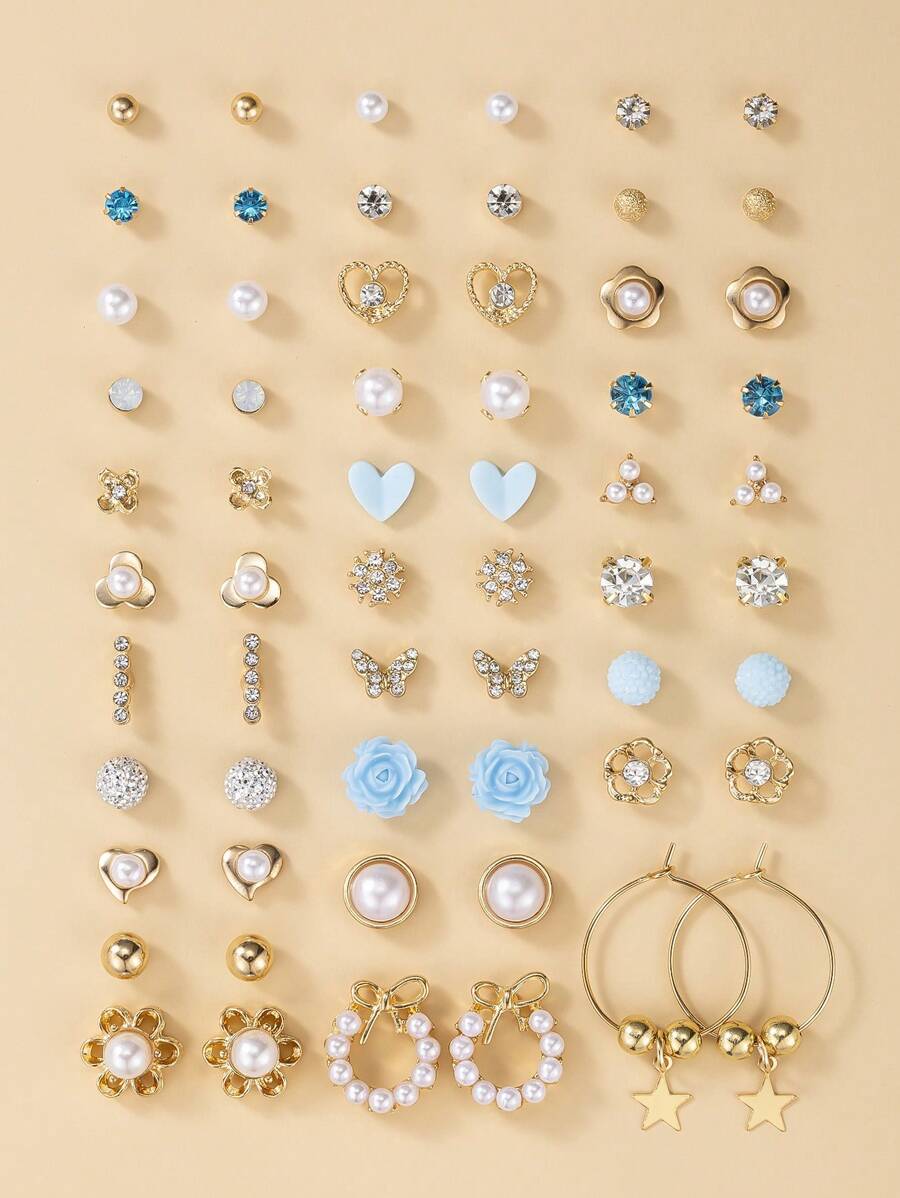 30 对/套优雅金属仿珍珠花朵、心形和蝴蝶结耳钉女士礼品套装 - 金黃色 - 查看 1