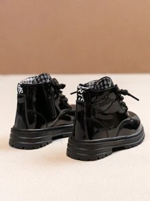 1 双儿童亮面漆皮侧拉链轻便防滑时尚靴子，适合春秋季节 - 黑色 - 查看 19