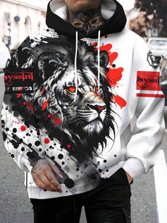 男士狮子与文字图案印花抽绳连帽运动衫，休闲款