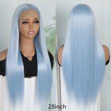 Light Blue Color Hair Lace Front Wigs Synthetic 13x4 Free Part Pre Plucked Hairline Glueless Long Silky Straight Hair Heat Resistant Fiber Frontal Lace Replacement Wig For Fashion Women Girls Halloween Party Vacation Makeup Use Daily Wear 28 Inches 180% Full Density - 藍色 - 查看 5