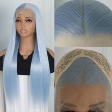 Light Blue Color Hair Lace Front Wigs Synthetic 13x4 Free Part Pre Plucked Hairline Glueless Long Silky Straight Hair Heat Resistant Fiber Frontal Lace Replacement Wig For Fashion Women Girls Halloween Party Vacation Makeup Use Daily Wear 28 Inches 180% Full Density - 藍色 - 查看 4