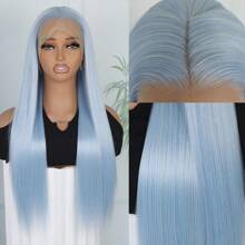 Light Blue Color Hair Lace Front Wigs Synthetic 13x4 Free Part Pre Plucked Hairline Glueless Long Silky Straight Hair Heat Resistant Fiber Frontal Lace Replacement Wig For Fashion Women Girls Halloween Party Vacation Makeup Use Daily Wear 28 Inches 180% Full Density - 藍色 - 查看 3
