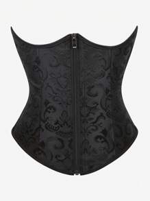 Underbust Corset With Jacquard Texture, Zippered Waist Cincher, Lace-Up Back, Waist Shaping Bodysuit