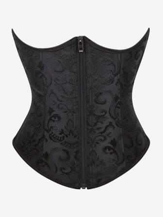 Underbust Corset With Jacquard Texture, Zippered Waist Cincher, Lace-Up Back, Waist Shaping Bodysuit