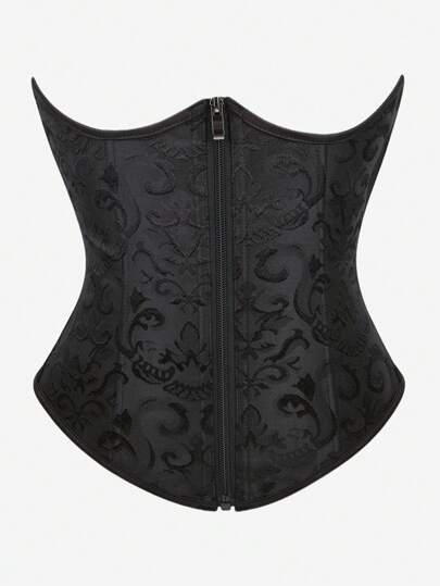 Underbust Corset With Jacquard Texture, Zippered Waist Cincher, Lace-Up Back, Waist Shaping Bodysuit