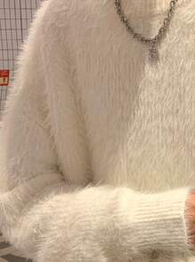 Men Oversized Drop Shoulder Mohair Blend Sweater, Fall/Winter, Long Sleeve Top - White - View 5