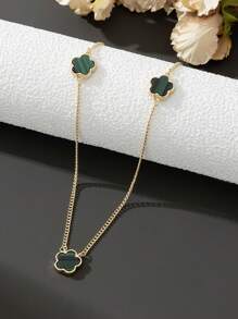 1 件时尚优雅绿色五叶草吊坠项链，女士长链毛衣项链情人节 - 綠色 - 查看 3
