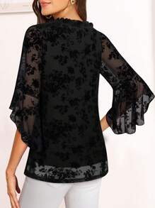 CheersLife 女士时尚双层网纱衬衫，七分荷叶边喇叭袖