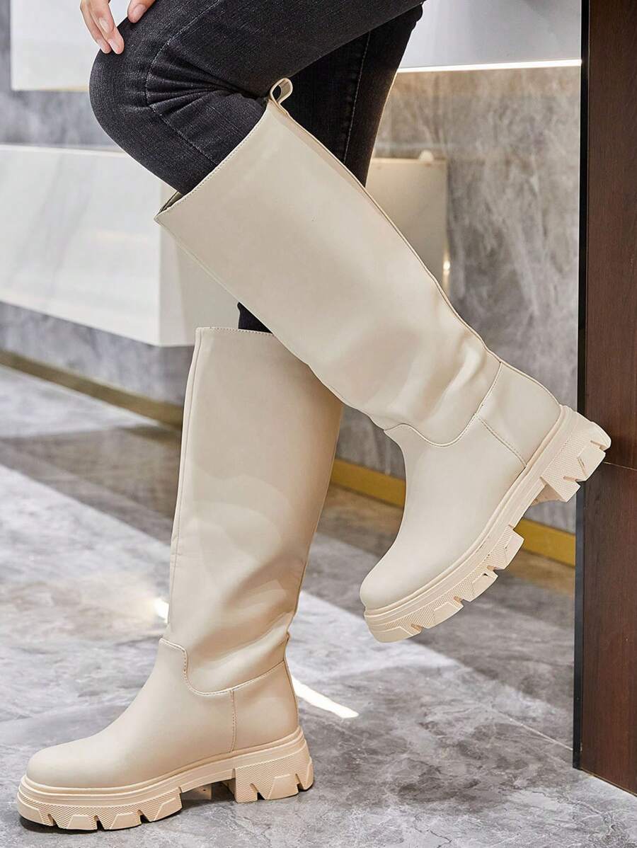 Beige Chunky Knee-High Boots – Modern Urban Style And Comfort Guaranteed - Beige - View 1