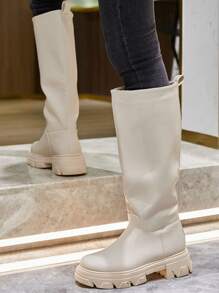 Beige Chunky Knee-High Boots – Modern Urban Style And Comfort Guaranteed - Beige - View 2