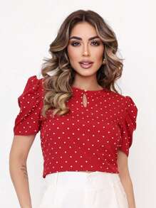 French Women's Blouse Elegant Puff Sleeve Round Neck Comfortable Polka Dots Fashion - 紅色 - 查看 1
