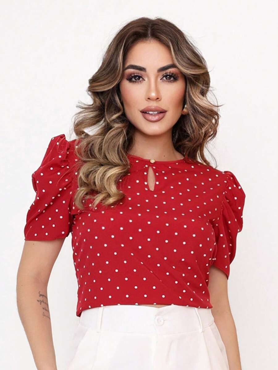 French Women's Blouse Elegant Puff Sleeve Round Neck Comfortable Polka Dots Fashion - 紅色 - 查看 1