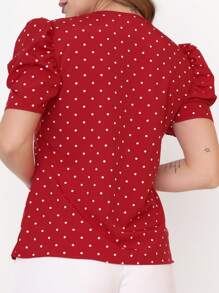 French Women's Blouse Elegant Puff Sleeve Round Neck Comfortable Polka Dots Fashion - 紅色 - 查看 2