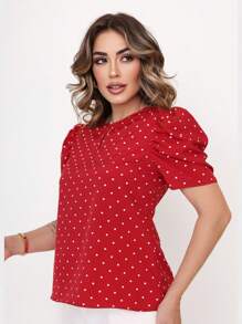 French Women's Blouse Elegant Puff Sleeve Round Neck Comfortable Polka Dots Fashion - 紅色 - 查看 3