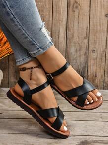 大码 2024 新款时尚平底凉鞋，韩版舒适系带露趾复古平底凉鞋，女式，欧美款 - 黑色 - 查看 3