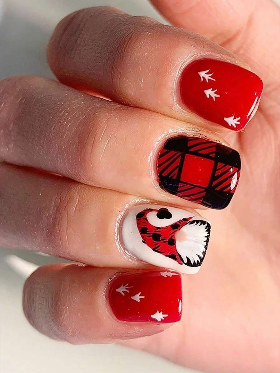 24 件短方形指甲、创意圣诞老人圣诞树假指甲、可拆卸全帽假指甲贴纸。 - 彩色 - 查看 1