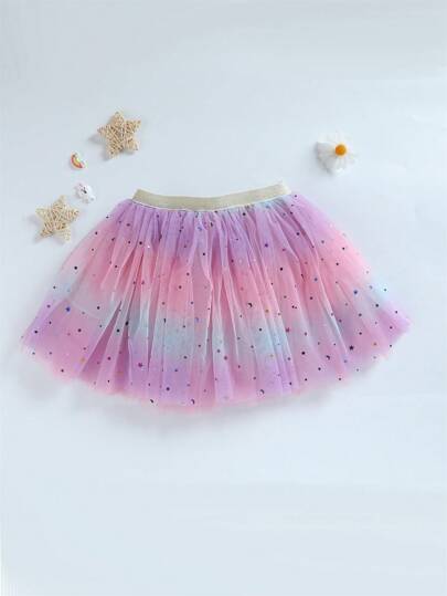 Girls' Rainbow Tulle Tutu Skirt, Children's Star & Moon Sequin Dance Skirt