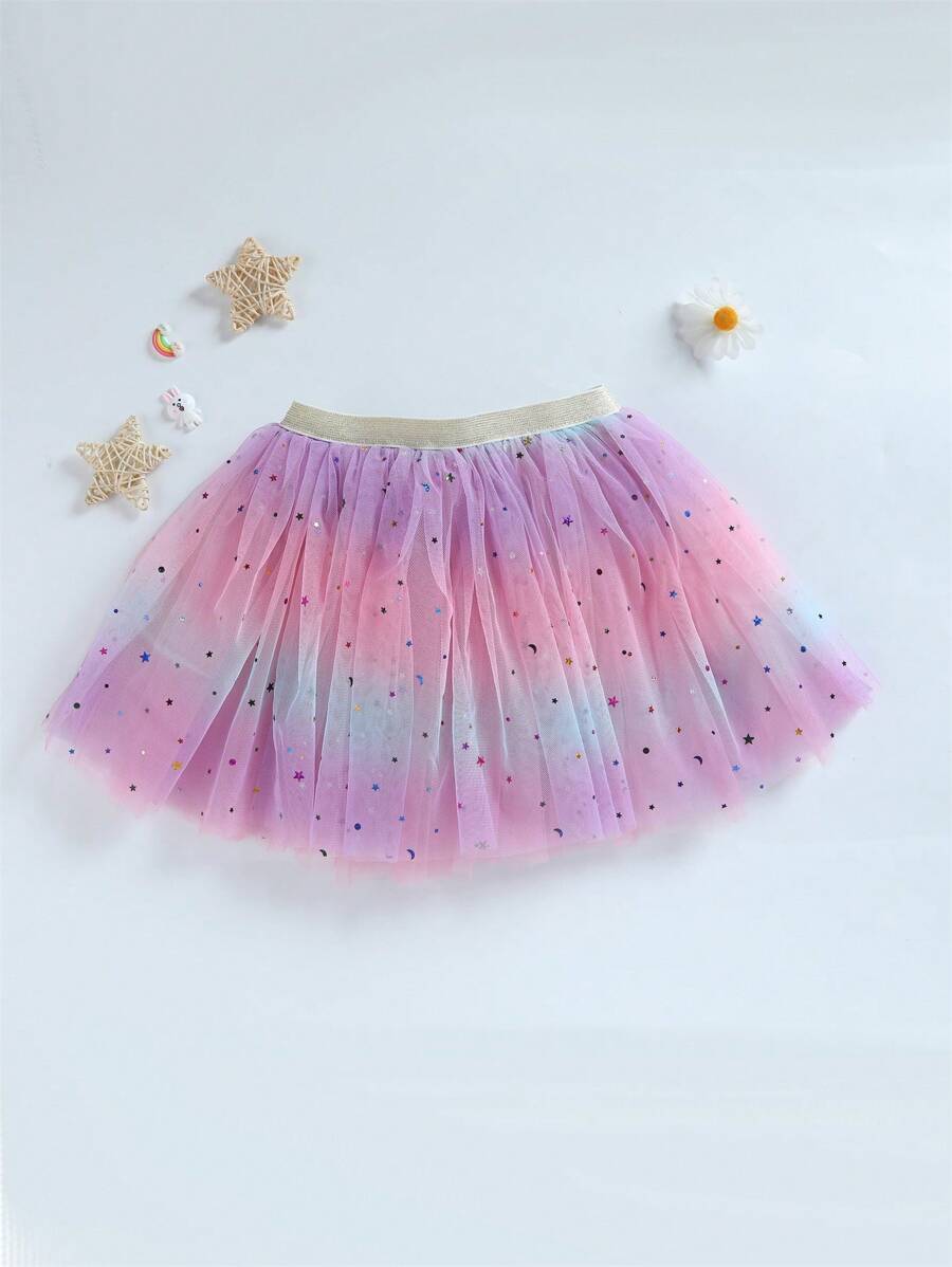 Girls' Rainbow Tulle Tutu Skirt, Children's Star & Moon Sequin Dance Skirt - Dusty Pink - View 1