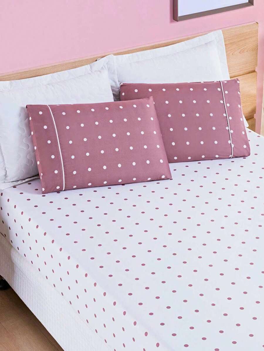 King/Queen/Double/Single 3-Piece Sheet Set Petit Polka Dot Percale 200 Thread Count Pillowcase With Drawstring Detail - 乾枯玫瑰色 - 查看 1