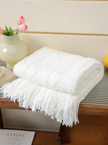 1 Pieza De Manta De Cama Con Patrón De Onda, Estilo Nórdico De Acrílico Con Flecos Y Color Sólido Rectangular, Cubrecama Decorativo De Punto Para Sofá Y Siesta - Rombo vertical blanco - Ver 4