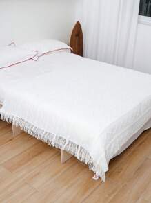 1 Pieza De Manta De Cama Con Patrón De Onda, Estilo Nórdico De Acrílico Con Flecos Y Color Sólido Rectangular, Cubrecama Decorativo De Punto Para Sofá Y Siesta - Rombo vertical blanco - Ver 5