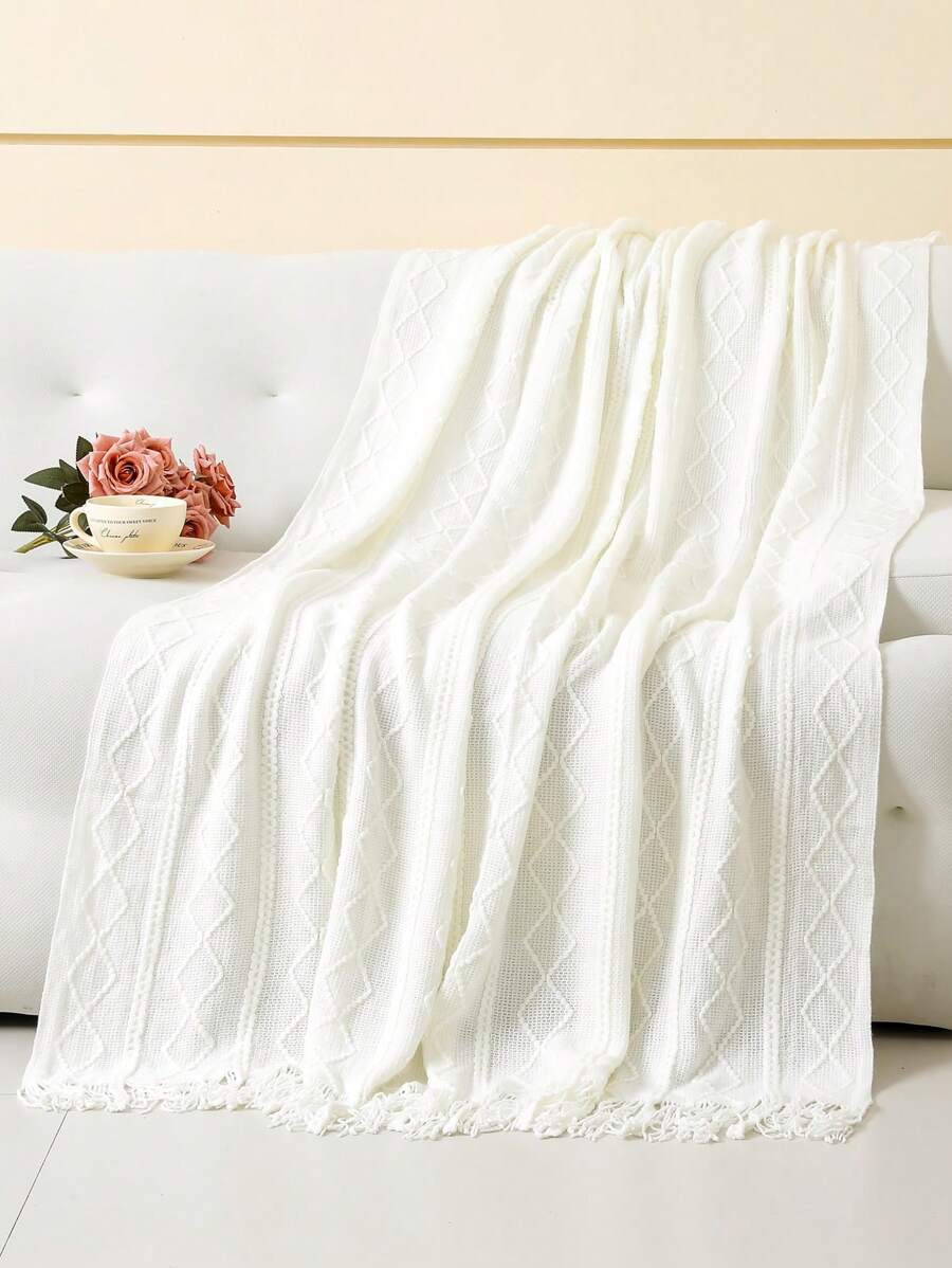1 Pieza De Manta De Cama Con Patrón De Onda, Estilo Nórdico De Acrílico Con Flecos Y Color Sólido Rectangular, Cubrecama Decorativo De Punto Para Sofá Y Siesta - Rombo vertical blanco - Ver 1