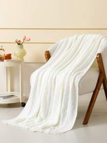 1 Pieza De Manta De Cama Con Patrón De Onda, Estilo Nórdico De Acrílico Con Flecos Y Color Sólido Rectangular, Cubrecama Decorativo De Punto Para Sofá Y Siesta - Rombo vertical blanco - Ver 3