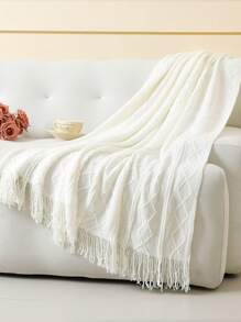 1 Pieza De Manta De Cama Con Patrón De Onda, Estilo Nórdico De Acrílico Con Flecos Y Color Sólido Rectangular, Cubrecama Decorativo De Punto Para Sofá Y Siesta - Rombo vertical blanco - Ver 2