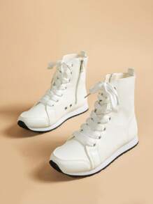 2024 秋冬新款女士时尚休闲运动踝靴，系带拉链中帮休闲校园风格短靴情人节款，女士靴子 - 白色 - 查看 5